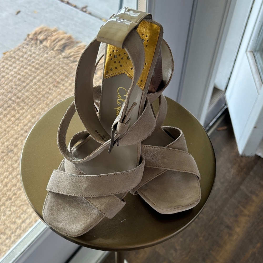Cole Haan Taupe Suede Strappy Heels with Gold Accent